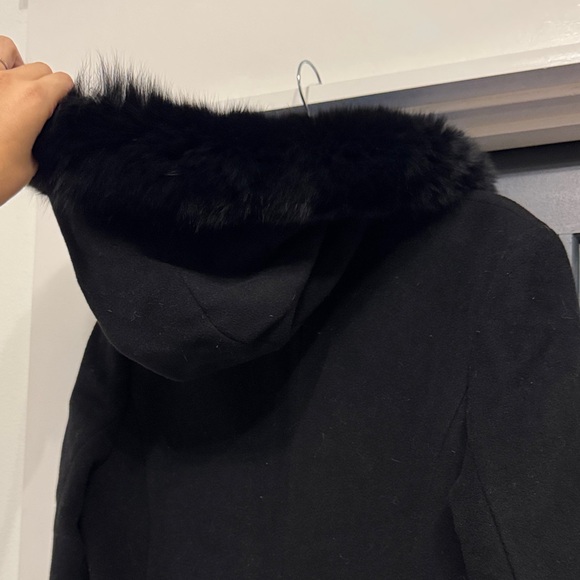 Calvin Klein Black Wool Coat - fox Fur trim hood size 12 / L (best for Tall) - Picture 10 of 12